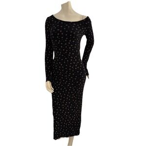 Black Floral Long Slve Waffle Bodycon Midi Dress Size Small Cottagecore Stretch
